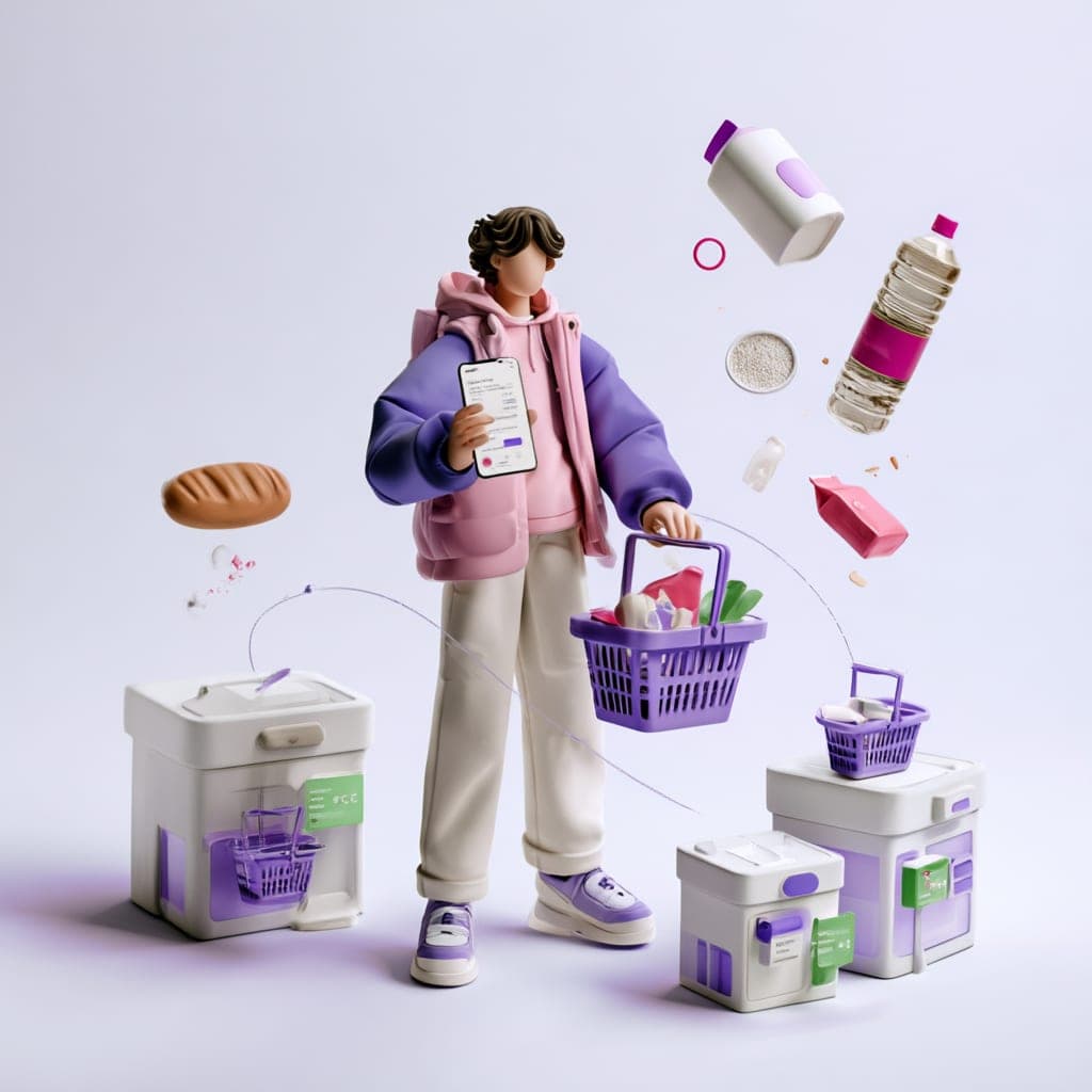 3D illustration of a shopper with a phone and baskets, comparing prices across stores