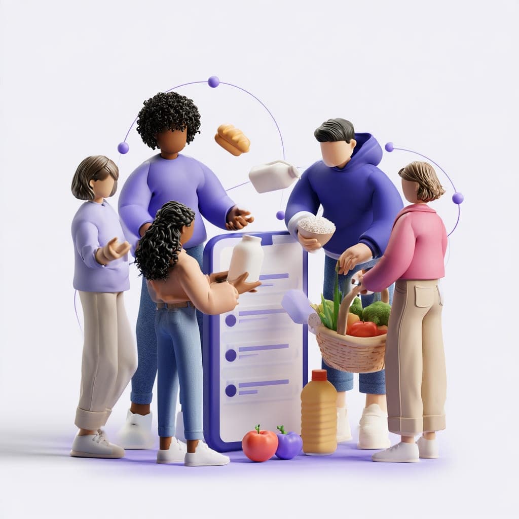 3D illustration of friends gathered around a shared grocery list on a phone